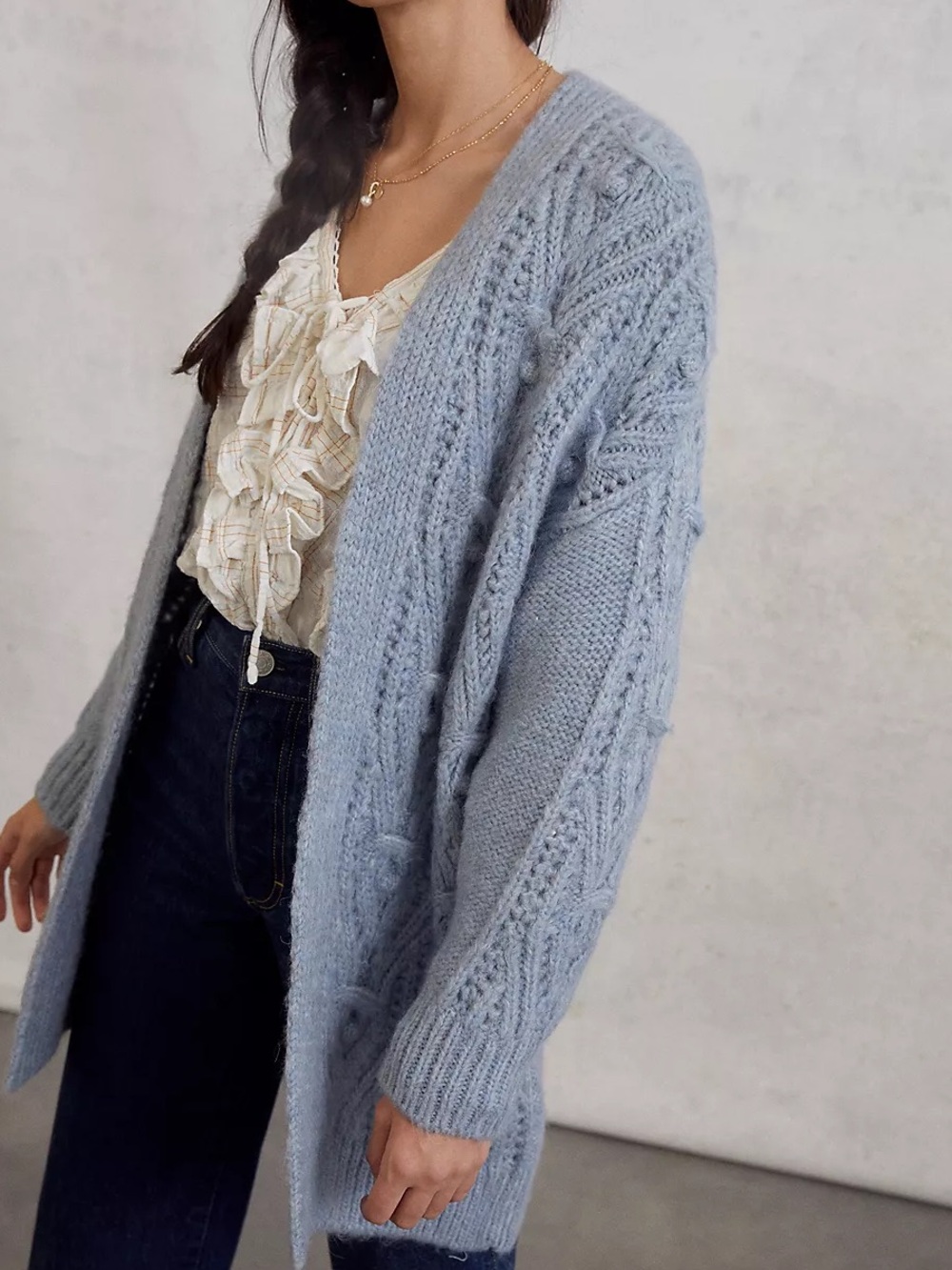 Anthropologie Nuria Textured Cardigan Light Blue Cable Knit Long Sweater XL